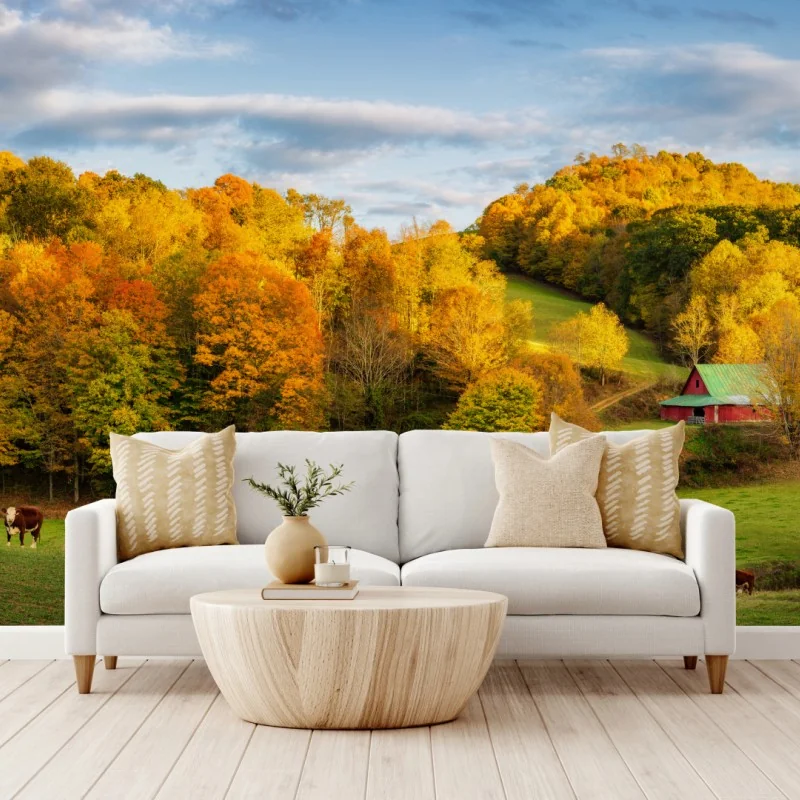 Fototapete herbstliche landschaft mit roter scheune