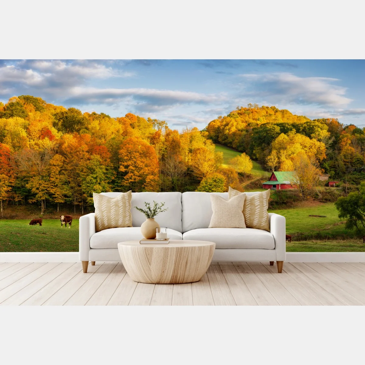 Fototapete herbstliche landschaft mit roter scheune – Wallnifity® Fototapete herbstliche landschaft mit roter scheune – Wallnifity®