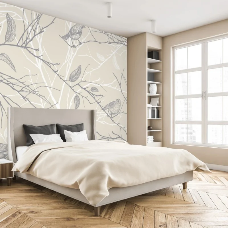 Fototapete zartes beiges muster mit vögeln und ästen