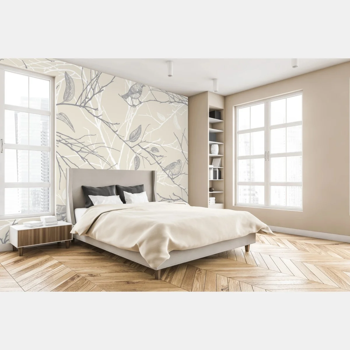 Fototapete zartes beiges muster mit vögeln und ästen – Wallnifity®