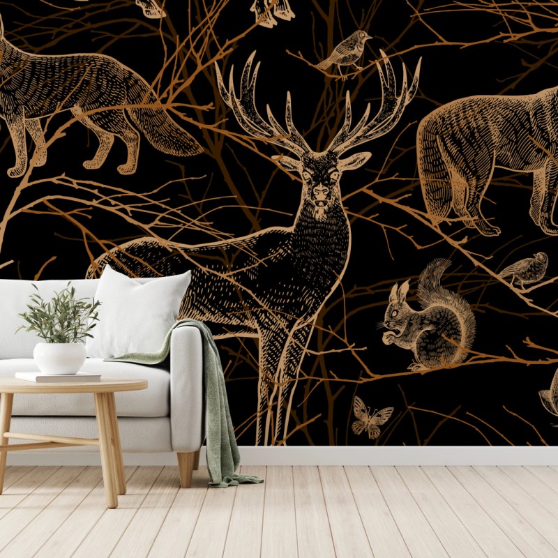 Fototapete goldene waldtiere auf schwarzem hintergrund