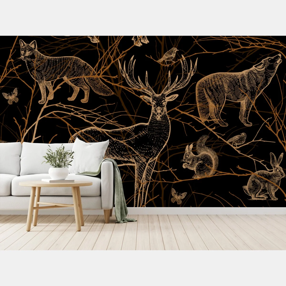 Fototapete goldene waldtiere auf schwarzem hintergrund – Wallnifity®