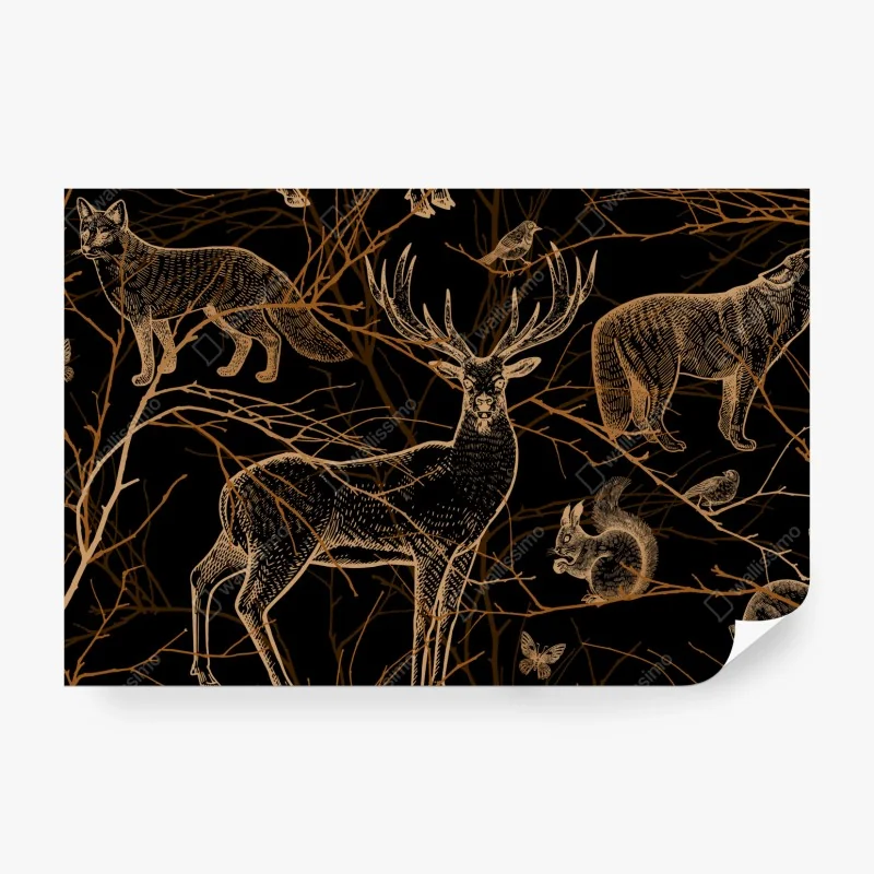 Fototapete goldene waldtiere auf schwarzem hintergrund