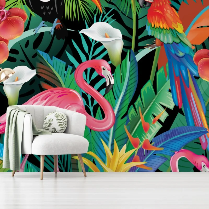 Fototapete leuchtende tropische vögel und blumen