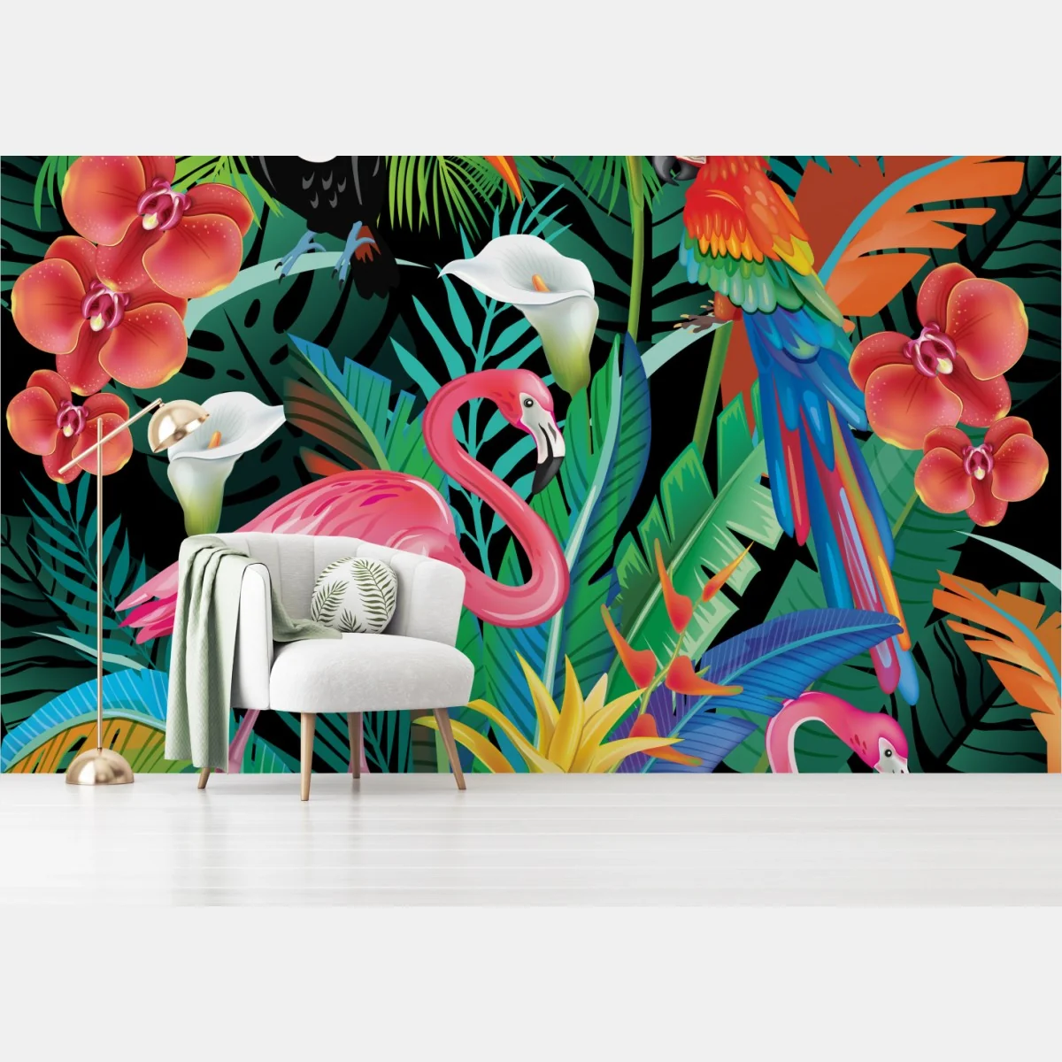 Fototapete leuchtende tropische vögel und blumen – Wallnifity® Fototapete leuchtende tropische vögel und blumen – Wallnifity®