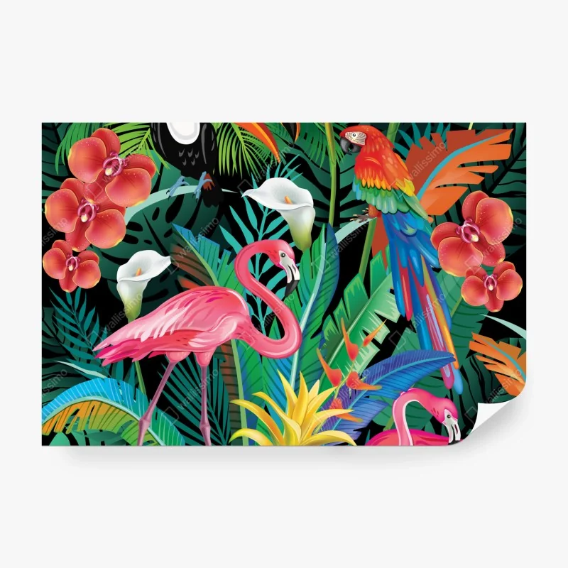 Fototapete leuchtende tropische vögel und blumen