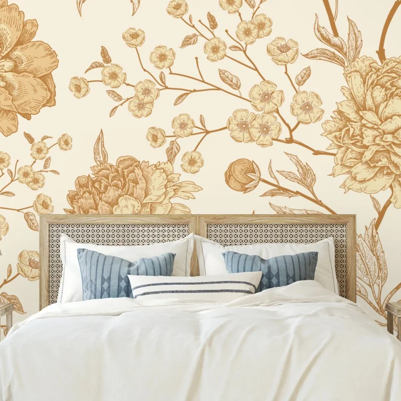 Fototapete vintage beiges blumenmuster mit pfingstrosen