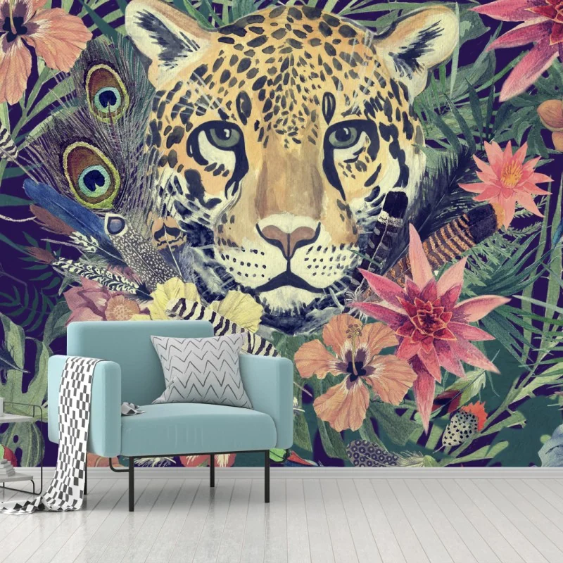 Fototapete vintage aquarell leopard im tropischen dschungel – Wallnifity® Fototapete vintage aquarell leopard im tropischen dschungel – Wallnifity®