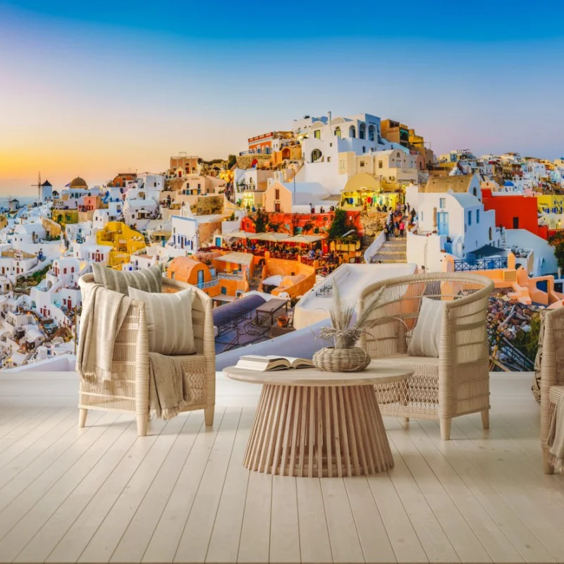 Fototapete sonnenuntergang über Santorini panoramaansicht