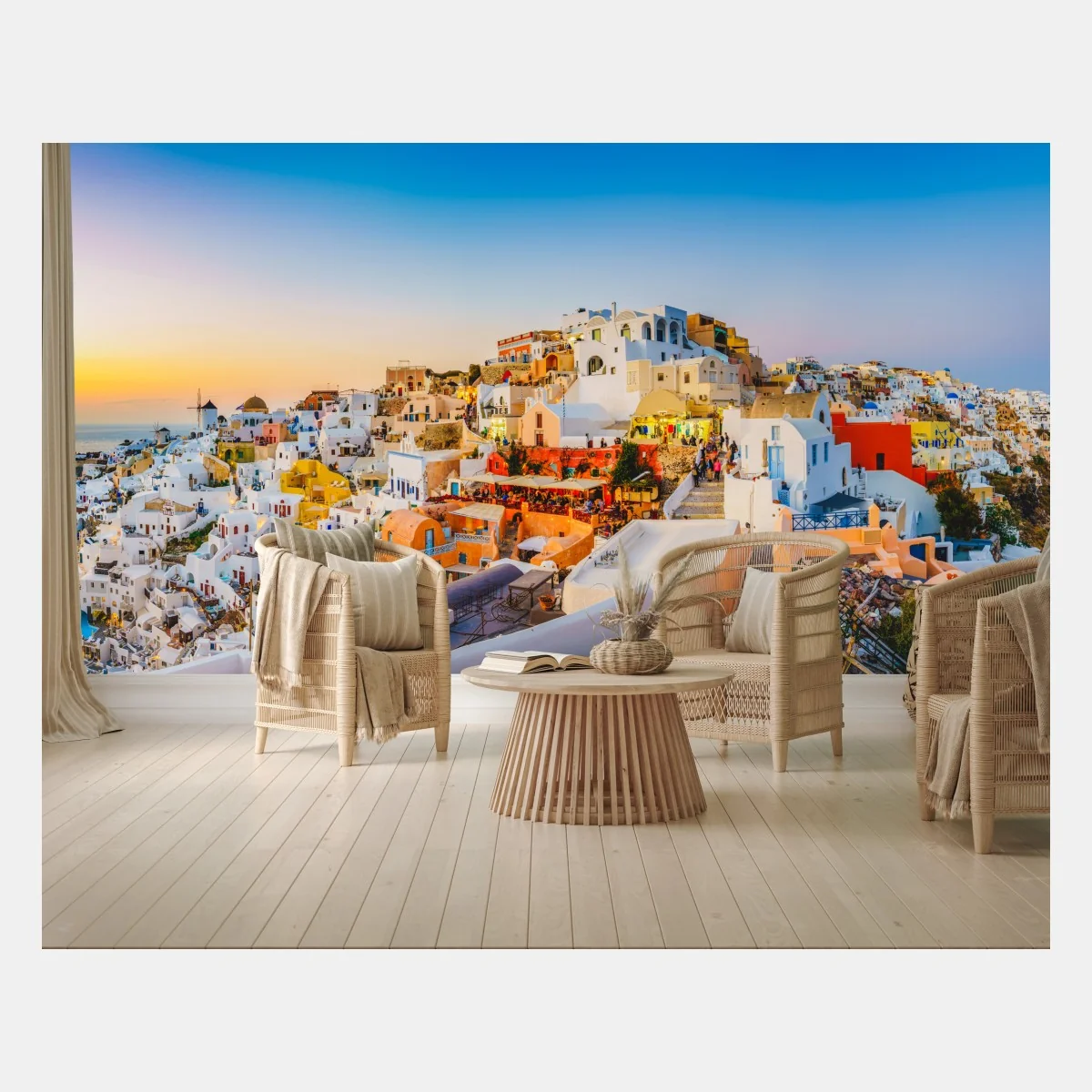Fototapete sonnenuntergang über Santorini panoramaansicht – Wallnifity®