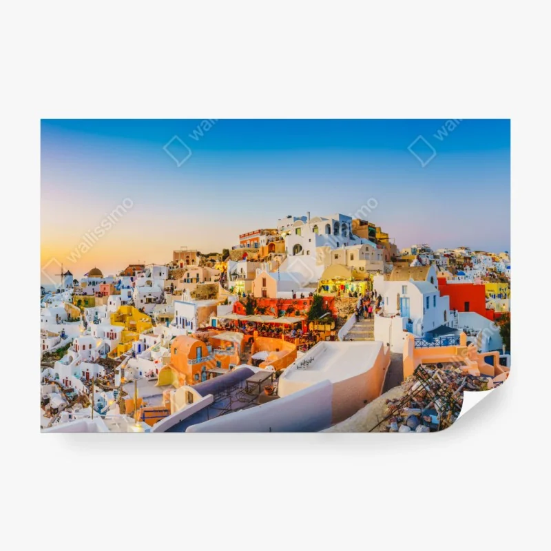 Fototapete sonnenuntergang über Santorini panoramaansicht