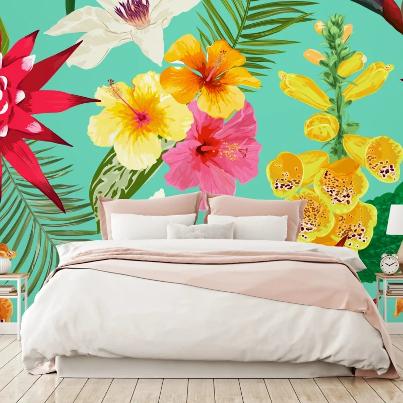 Fototapete tropisches aquarell-blumenmuster mit hibiskus, tigerlilie und paradiesvogelblume