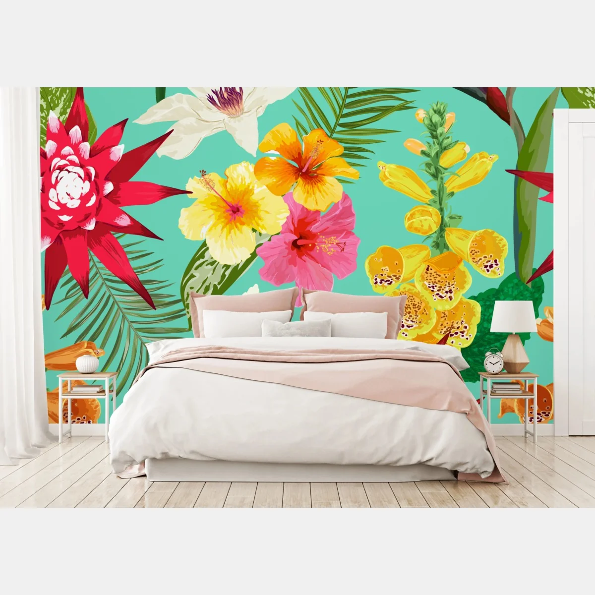 Fototapete tropisches aquarell-blumenmuster mit hibiskus, tigerlilie und paradiesvogelblume – Wallnifity®