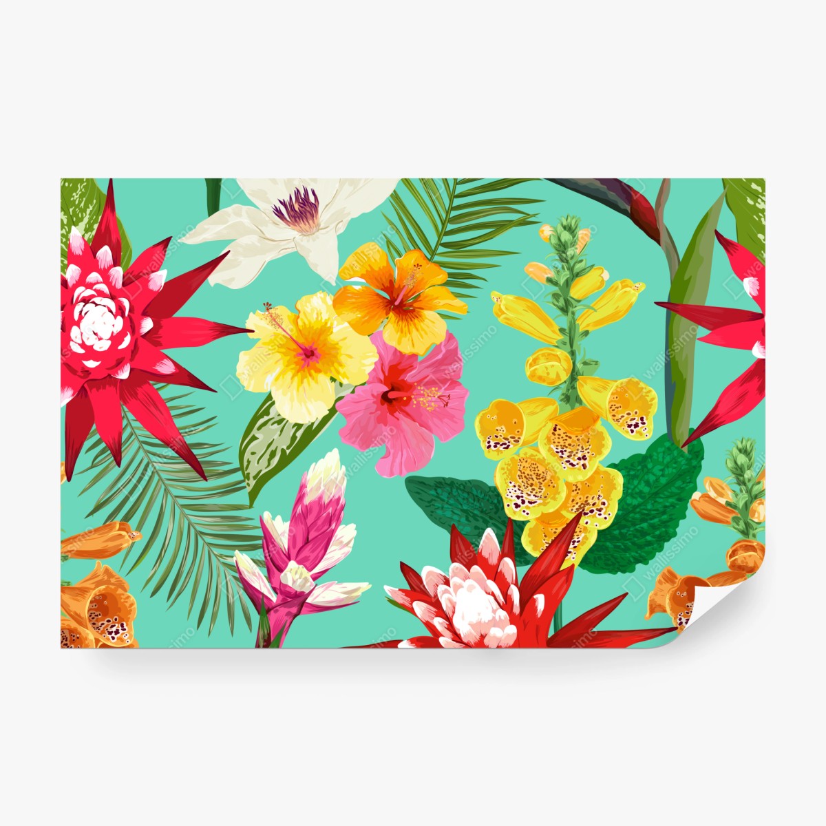 Fototapete tropisches aquarell-blumenmuster mit hibiskus, tigerlilie und paradiesvogelblume – Wallnifity®
