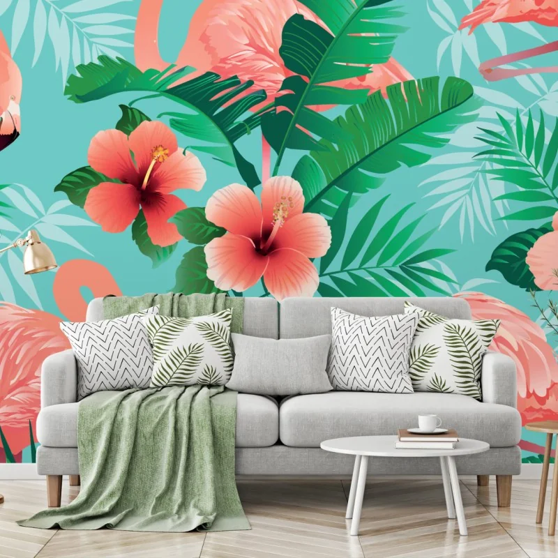 Fototapete tropische flamingo-oase