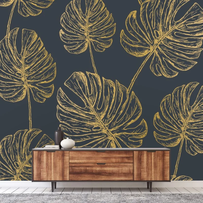 Fototapete goldene monstera-blätter auf dunklem hintergrund – Wallnifity®