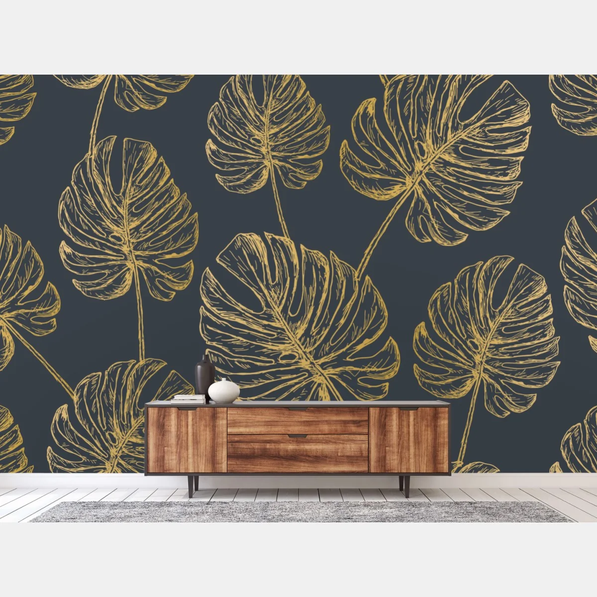 Fototapete goldene monstera-blätter auf dunklem hintergrund – Wallnifity®