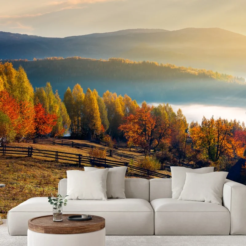 Fototapete nebliger herbstlicher sonnenaufgang auf dem land – Wallnifity® Fototapete nebliger herbstlicher sonnenaufgang auf dem land – Wallnifity®