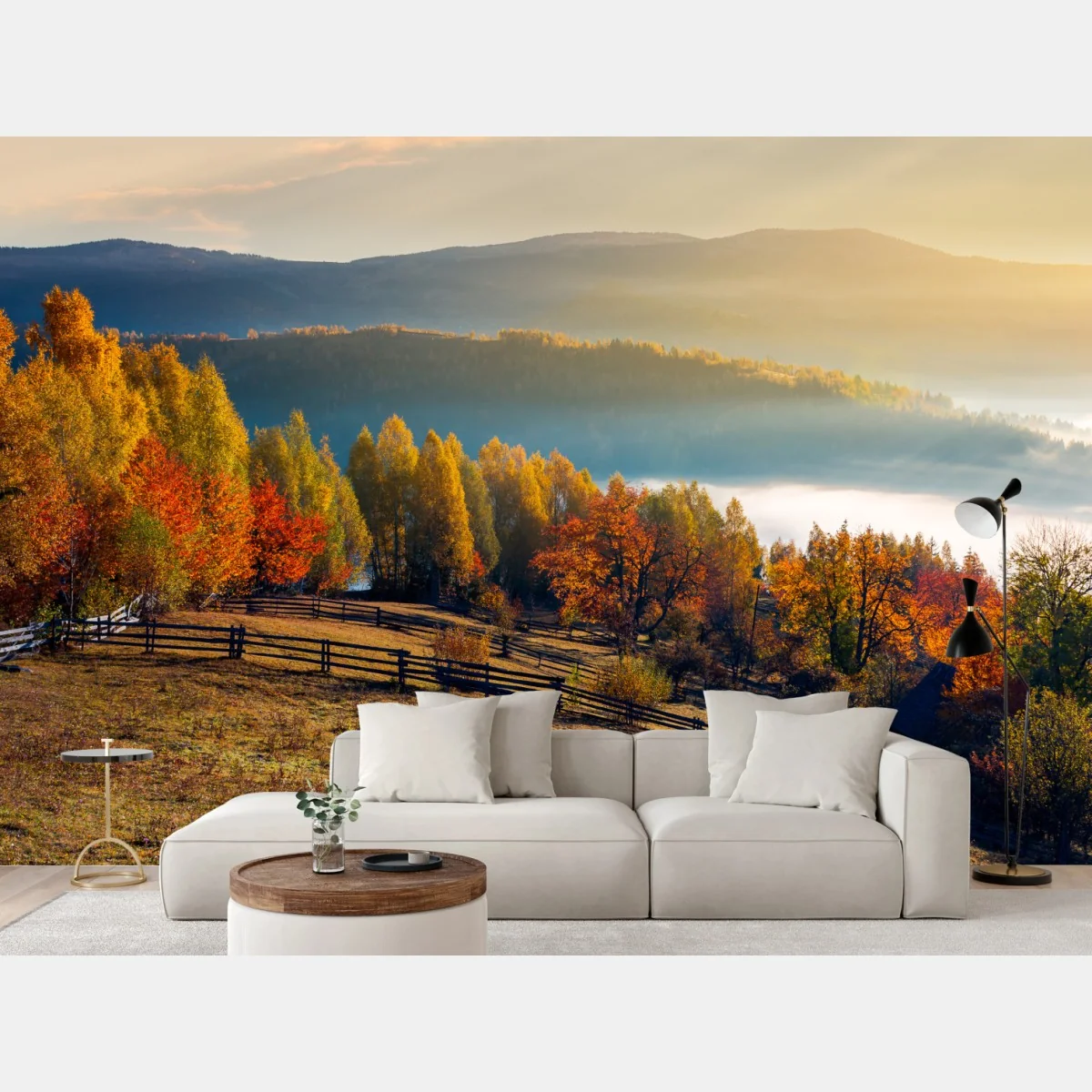 Fototapete nebliger herbstlicher sonnenaufgang auf dem land – Wallnifity® Fototapete nebliger herbstlicher sonnenaufgang auf dem land – Wallnifity®