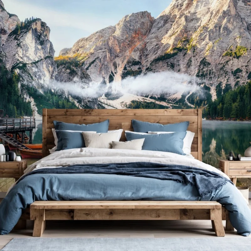 Fototapete nebliger alpensee mit spiegelung – Wallnifity® Fototapete nebliger alpensee mit spiegelung – Wallnifity®