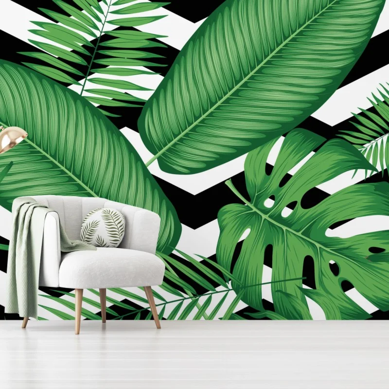 Fototapete tropisches blättermuster auf zickzack-hintergrund