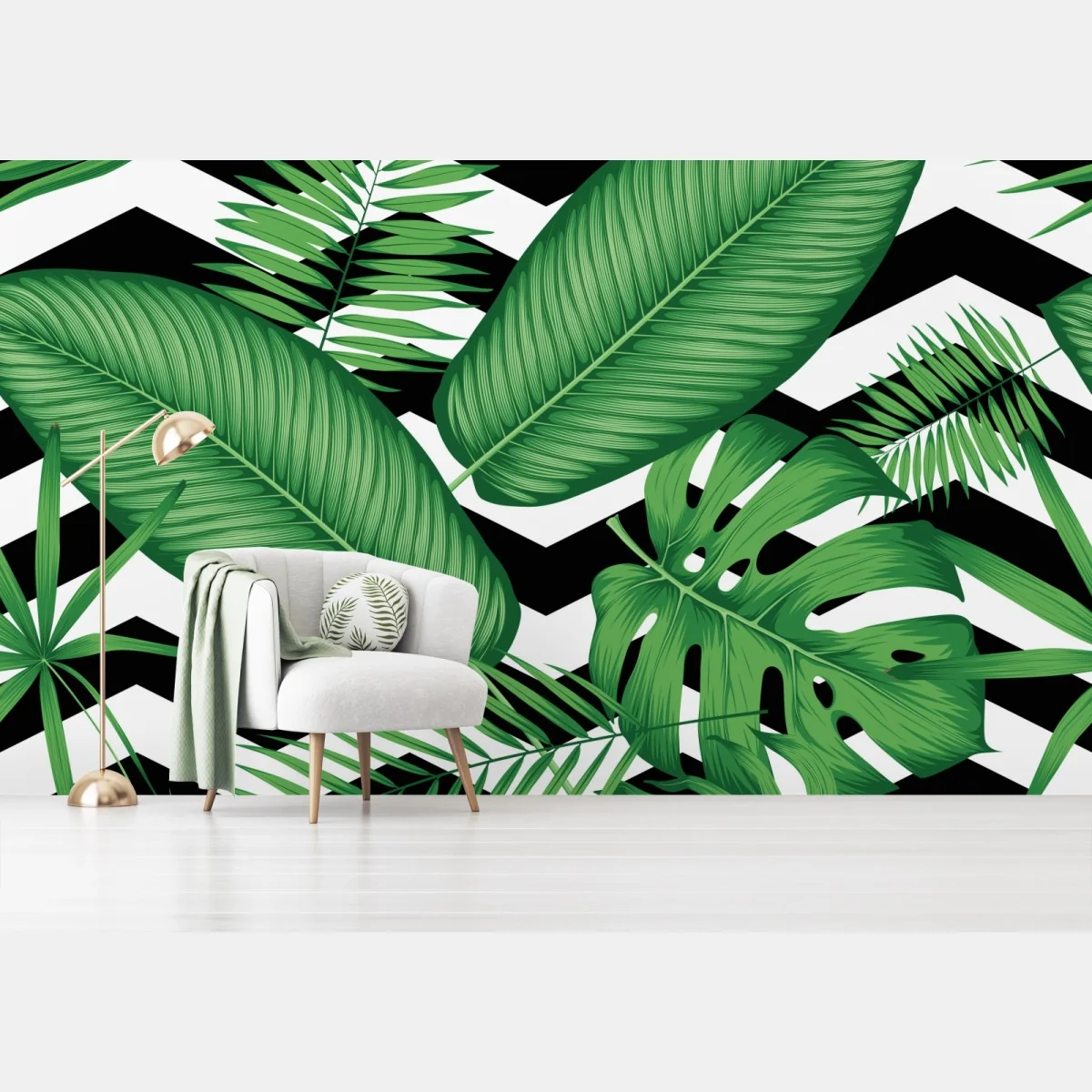 Fototapete tropisches blättermuster auf zickzack-hintergrund – Wallnifity® Fototapete tropisches blättermuster auf zickzack-hintergrund – Wallnifity®