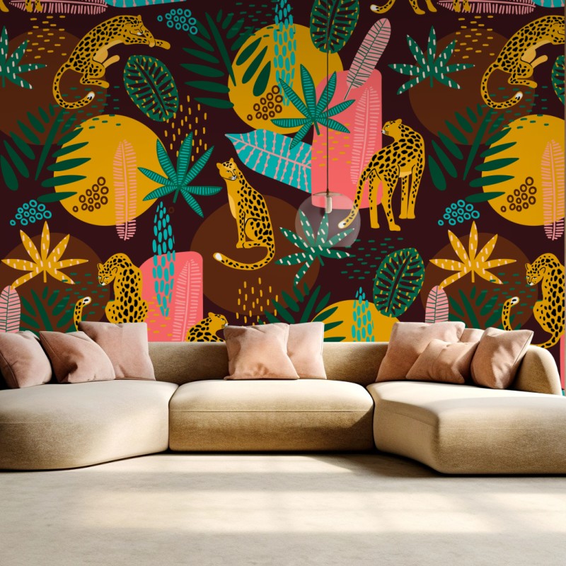 Fototapete tropisches gepardenmuster mit lebhaften blättern