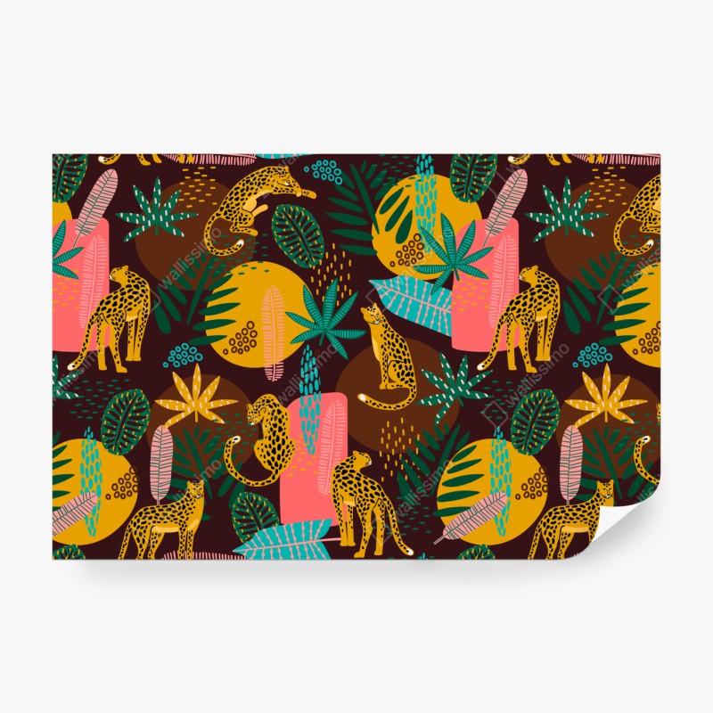 Fototapete tropisches gepardenmuster mit lebhaften blättern