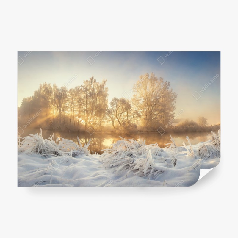 Fototapete goldener wintersonnenaufgang über dem frostigen fluss