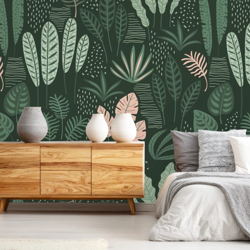 Fototapete tropisches blättermuster in sanften grüntönen und rosa