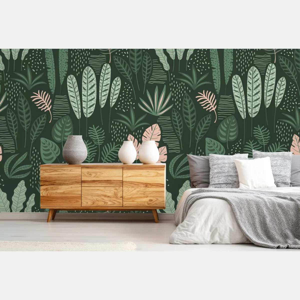Fototapete tropisches blättermuster in sanften grüntönen und rosa – Wallnifity® Fototapete tropisches blättermuster in sanften grüntönen und rosa – Wallnifity®