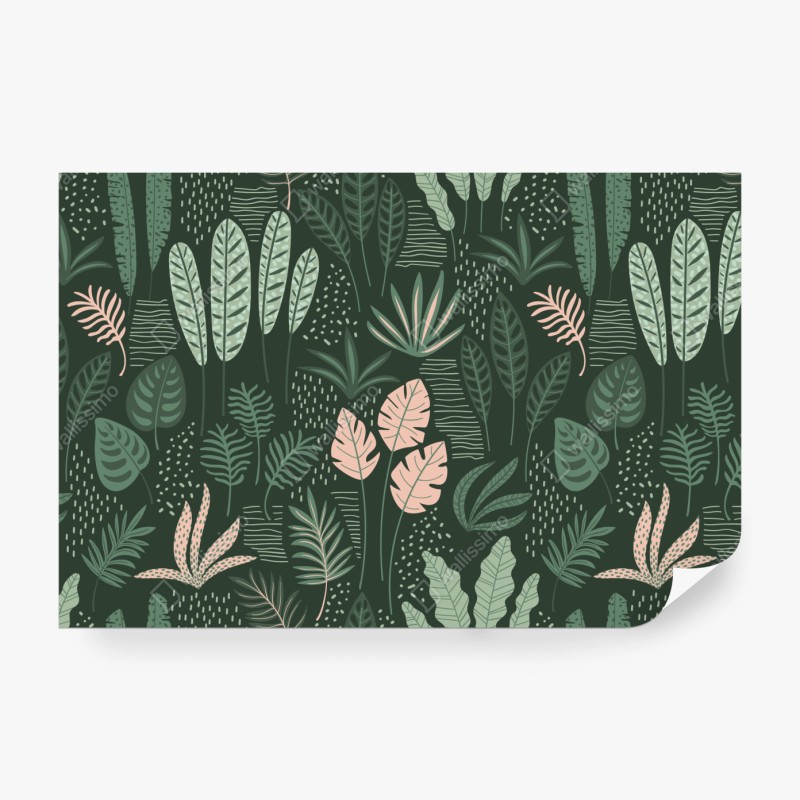 Fototapete tropisches blättermuster in sanften grüntönen und rosa