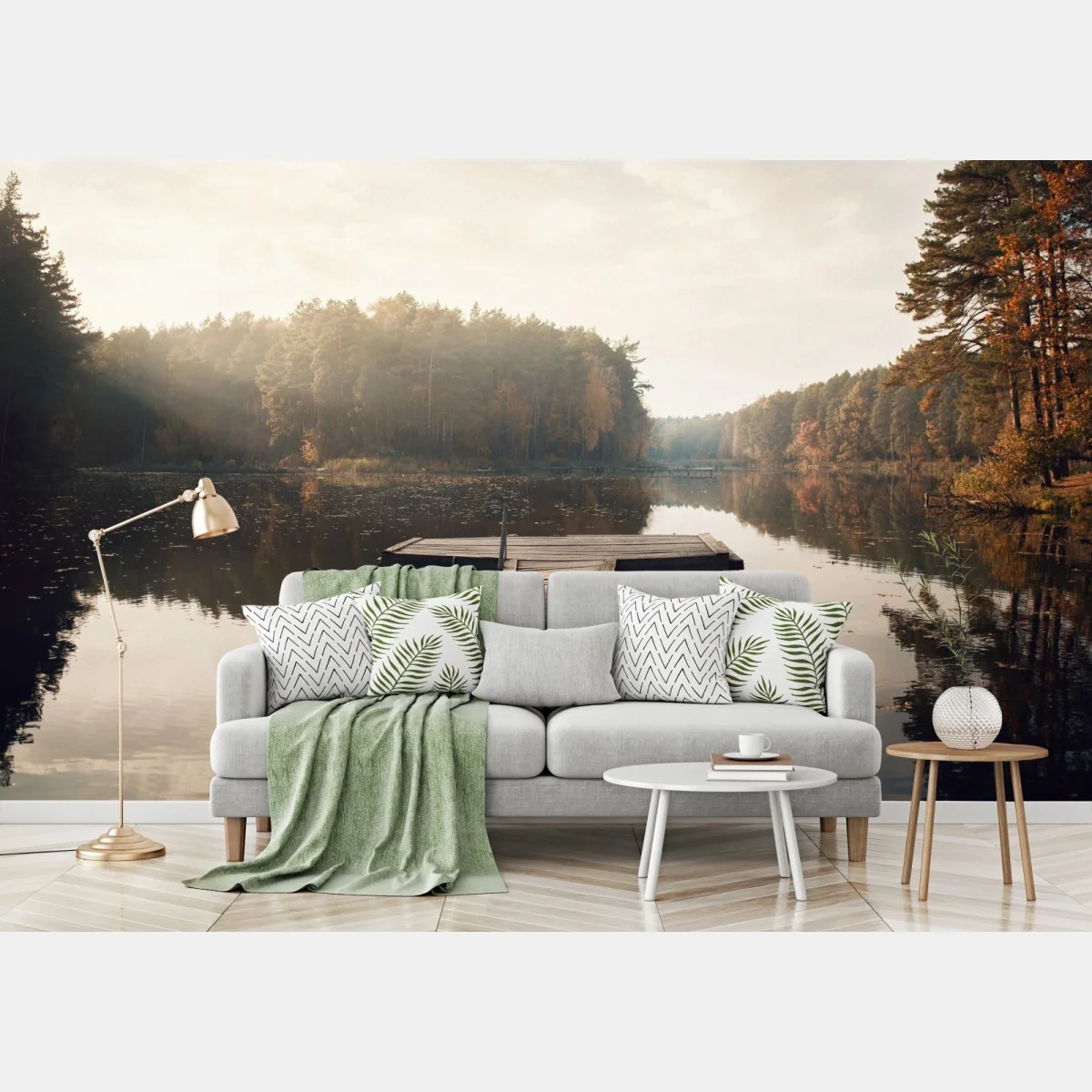 Fototapete herbstmorgen am see mit hölzernem steg – Wallnifity® Fototapete herbstmorgen am see mit hölzernem steg – Wallnifity®