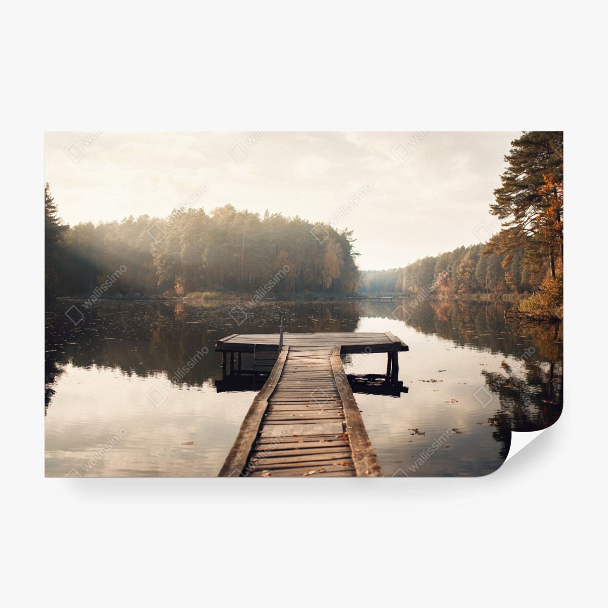 Fototapete herbstmorgen am see mit hölzernem steg – Wallnifity® Fototapete herbstmorgen am see mit hölzernem steg – Wallnifity®