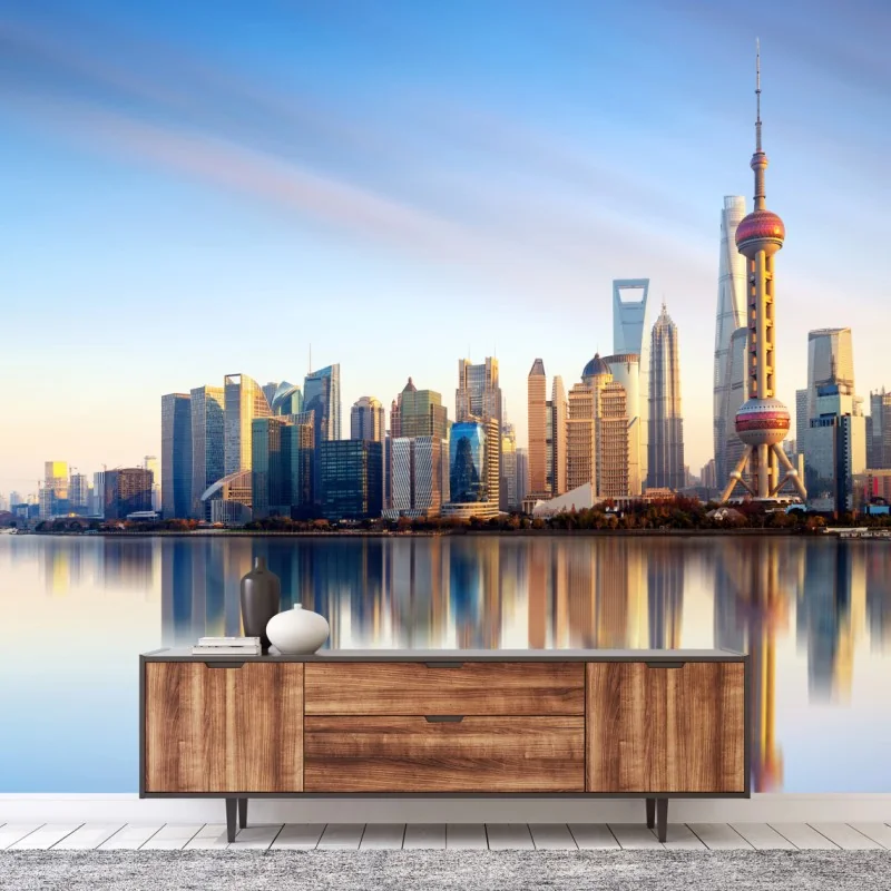 Fototapete Shanghai skyline spiegelung bei sonnenaufgang – Wallnifity® Fototapete Shanghai skyline spiegelung bei sonnenaufgang – Wallnifity®