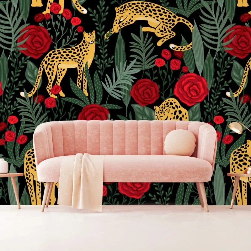 Fototapete goldene geparden und rote rosen muster