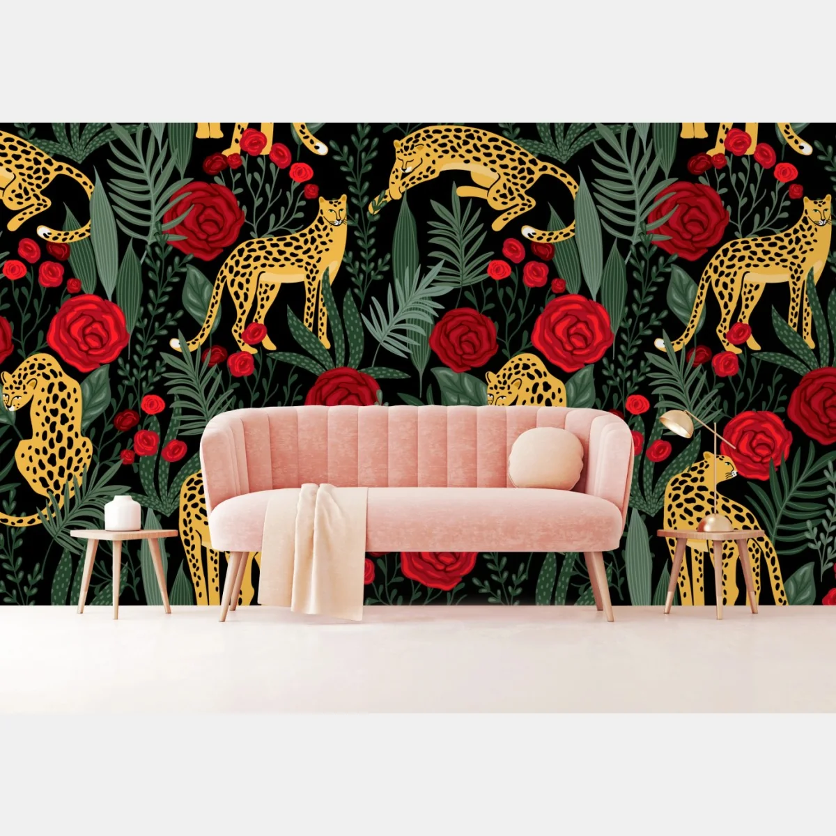 Fototapete goldene geparden und rote rosen muster – Wallnifity®