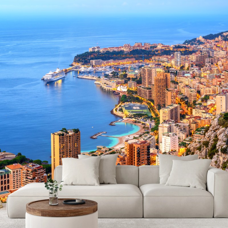 Fototapete Monaco küstenstadt panorama bei dämmerung – Wallnifity® Fototapete Monaco küstenstadt panorama bei dämmerung – Wallnifity®