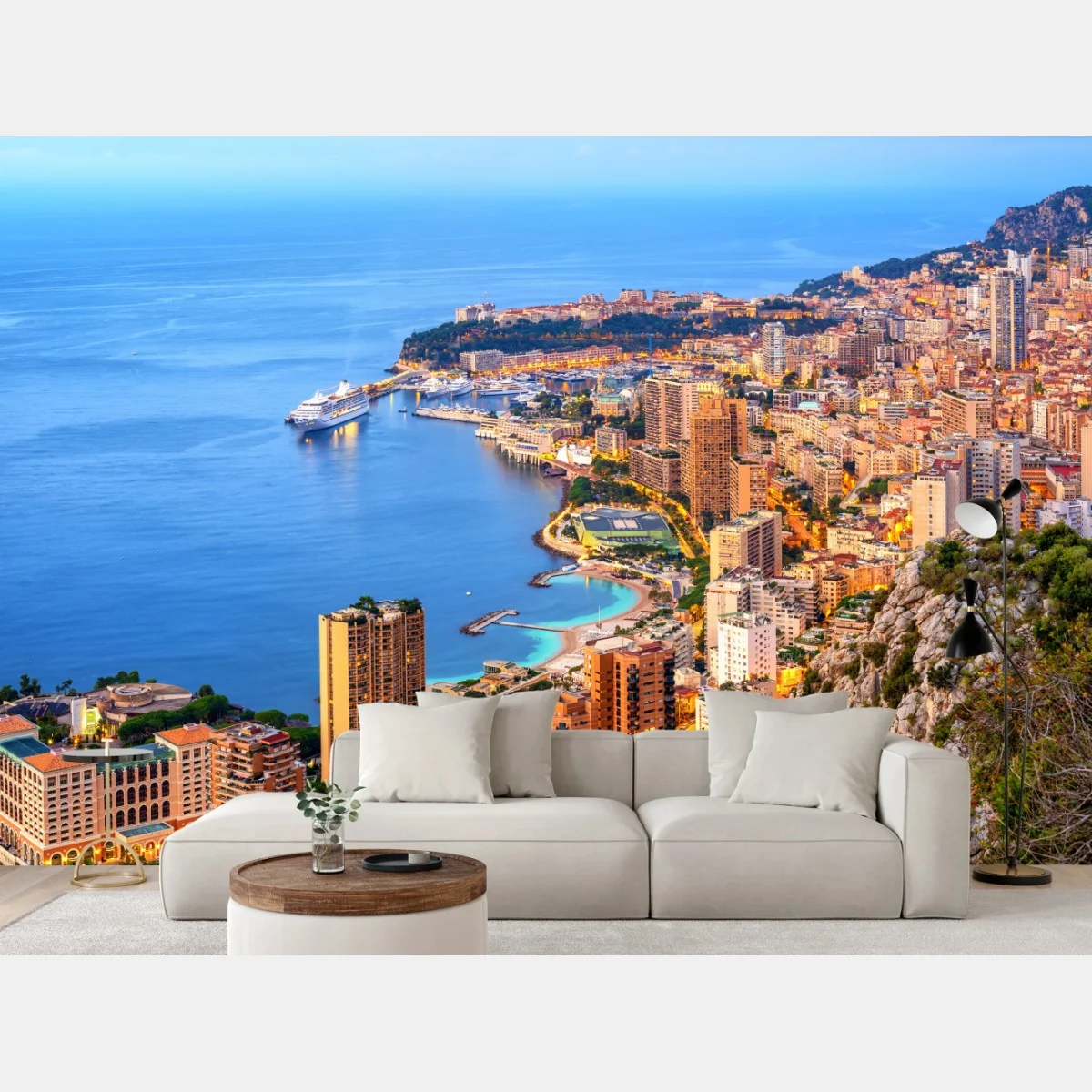 Fototapete Monaco küstenstadt panorama bei dämmerung – Wallnifity® Fototapete Monaco küstenstadt panorama bei dämmerung – Wallnifity®
