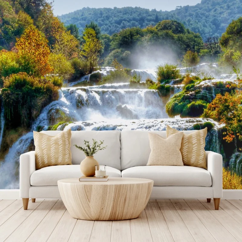 Fototapete stufenförmiger wasserfall im üppigen wald