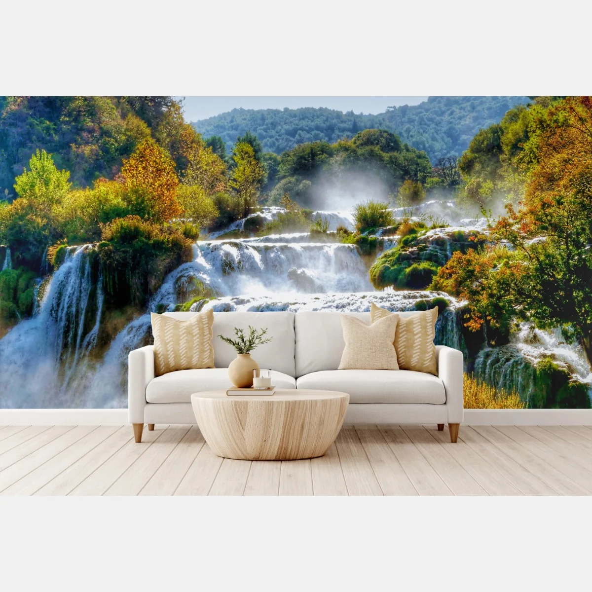 Fototapete stufenförmiger wasserfall im üppigen wald – Wallnifity® Fototapete stufenförmiger wasserfall im üppigen wald – Wallnifity®