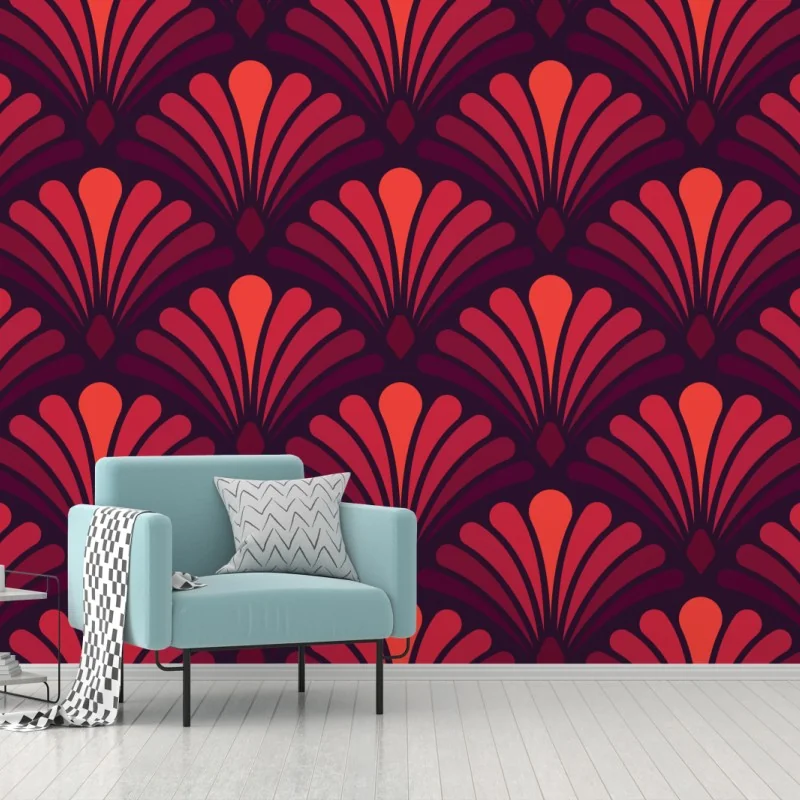 Fototapete geometrisches art-déco fächermuster in warmen rot- und violetttönen