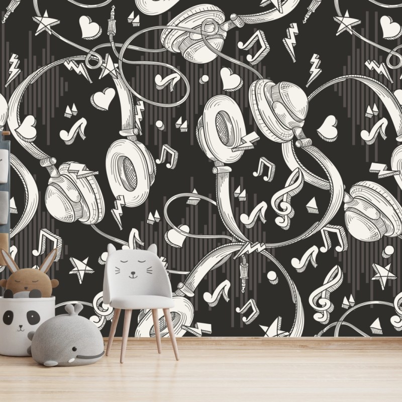 Fototapete monochromatisches muster mit kopfhörern und noten