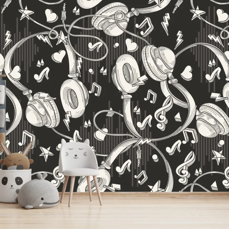 Fototapete monochromatisches muster mit kopfhörern und noten