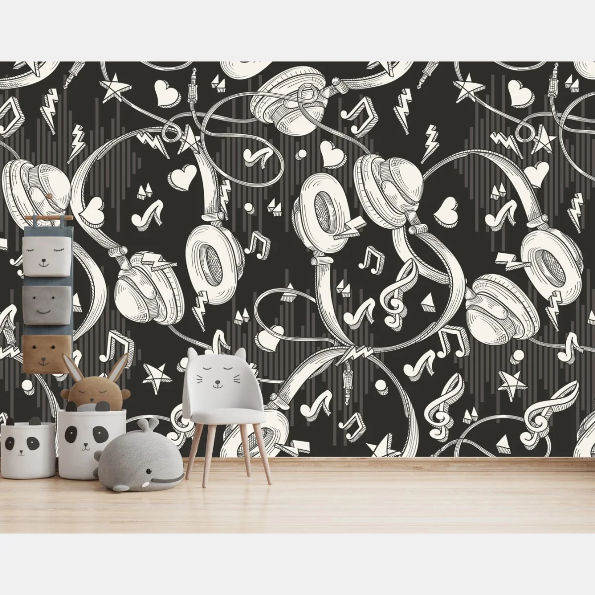 Fototapete monochromatisches muster mit kopfhörern und noten – Wallnifity® Fototapete monochromatisches muster mit kopfhörern und noten – Wallnifity®