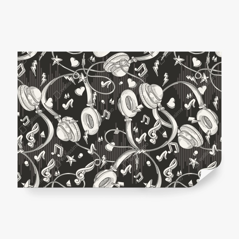 Fototapete monochromatisches muster mit kopfhörern und noten