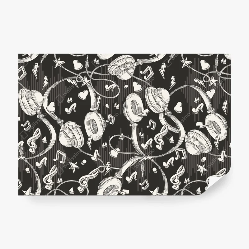 Fototapete monochromatisches muster mit kopfhörern und noten