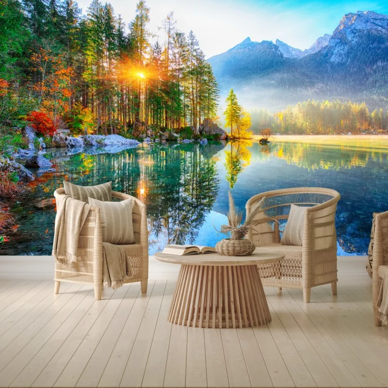 Fototapete Hintersee herbstlicher sonnenaufgang über dem türkisfarbenen see