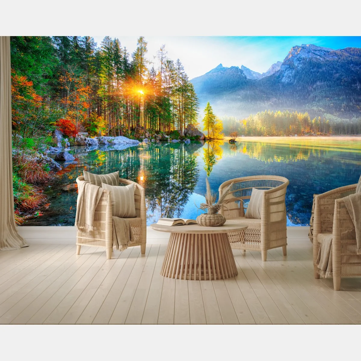 Fototapete Hintersee herbstlicher sonnenaufgang über dem türkisfarbenen see – Wallnifity® Fototapete Hintersee herbstlicher sonnenaufgang über dem türkisfarbenen see – Wallnifity®