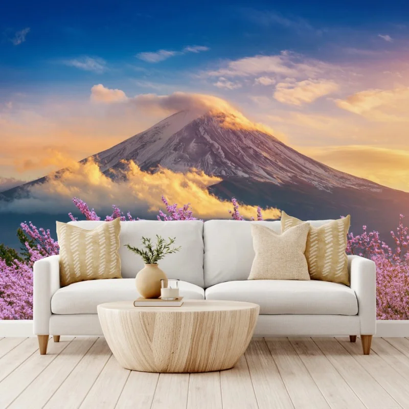 Fototapete Berg Fuji mit blühenden kirschblüten bei sonnenaufgang – Wallnifity®